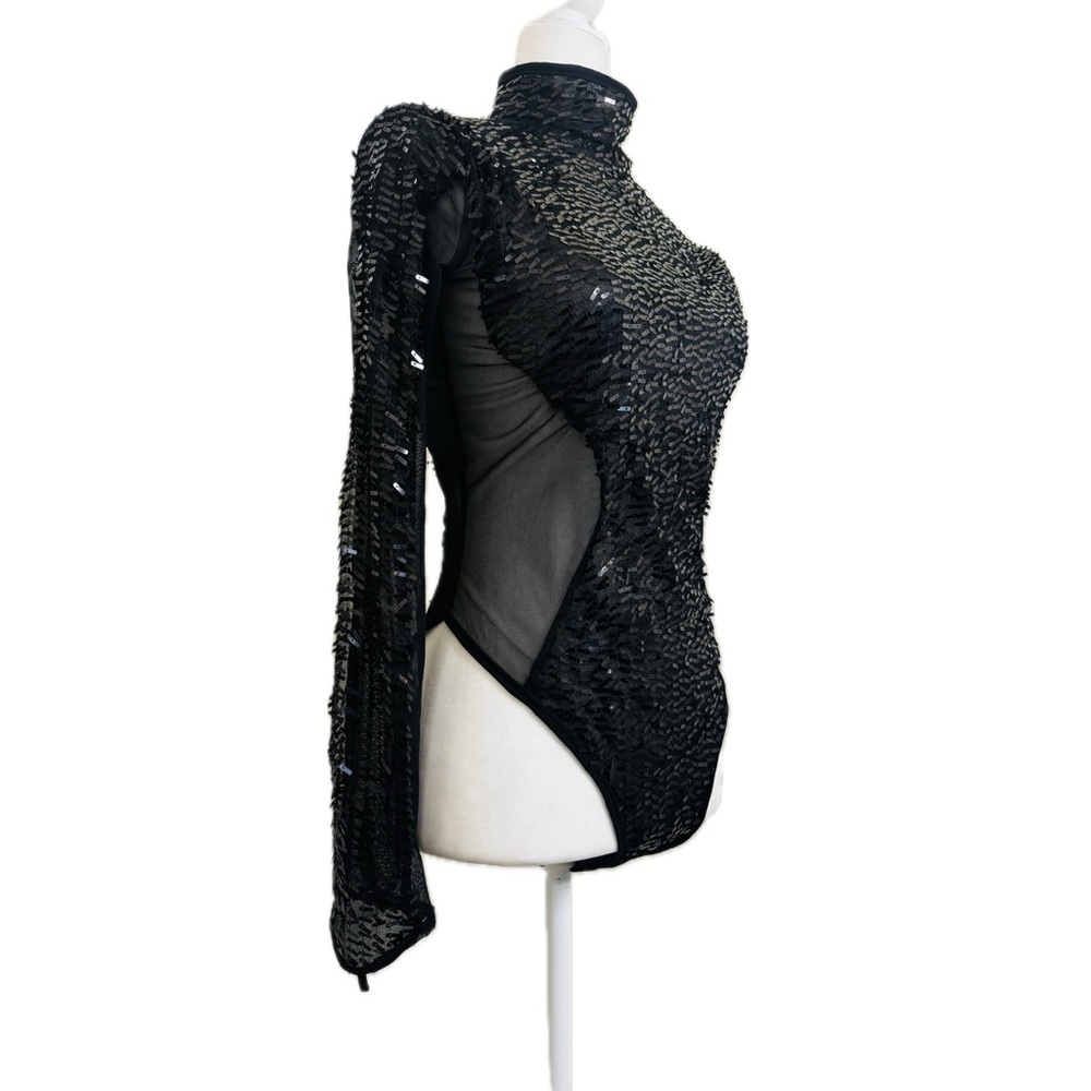 Black Sequin Symmetric Bodysuit with Long Sleeves, Size L - Picture 3 of 15